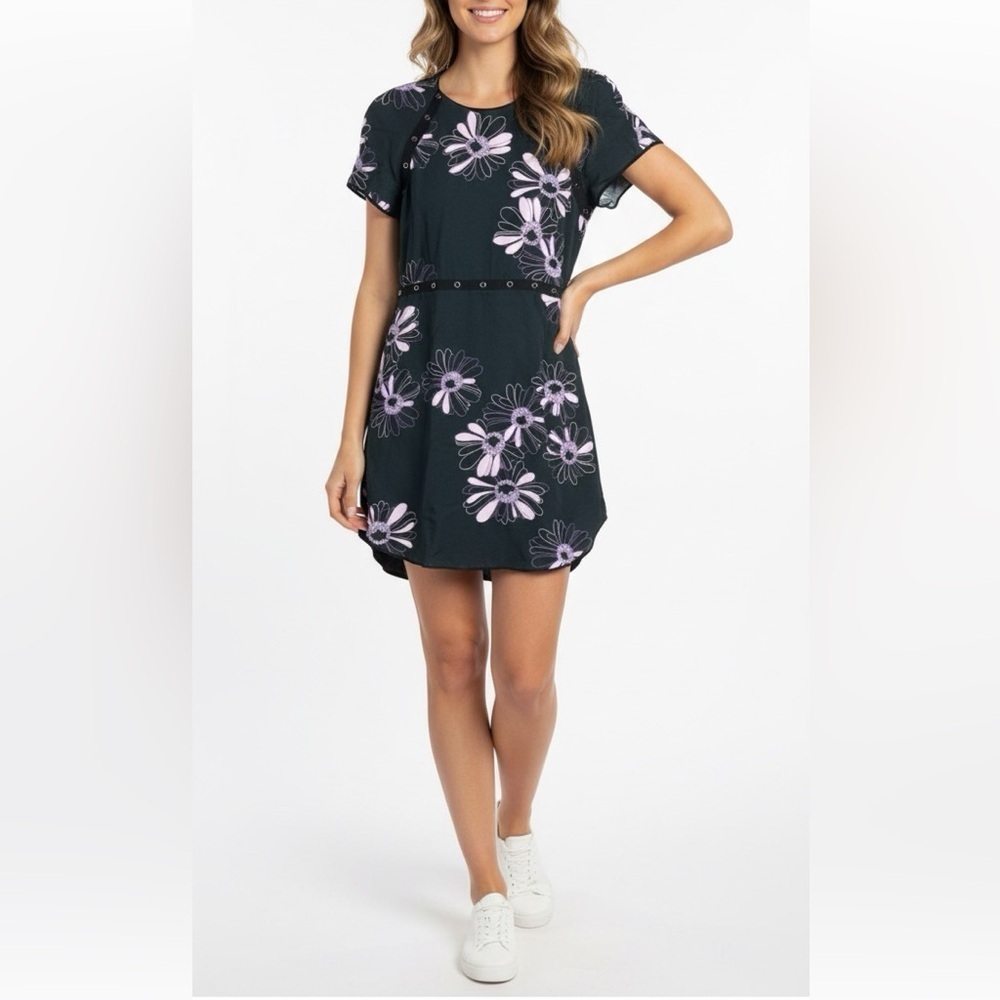 Giamba Floral Studded Grommet Mini Dress Short Sleeve Curves Hem Black Purple L